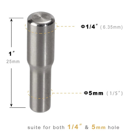 Heavy Duty Stainless Steel Shelf Pegs And Pins 5mm And Quarter Inch Dual Diameter One Inch Long Rust Proof showing dimensions.