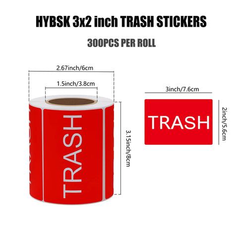 Trash Stickers 300 Pack 3x2 Inch Red Labels With Bold White TRASH For Bins In Home Office And Warehouse Glossy Paper Roll Easy Disposal Reminder Signage, roll size shown