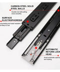 Heavy Duty 45Mm Push To Open Drawer Slides Dead Silent three section cabinet glides showing carbon steel rails and lock head.