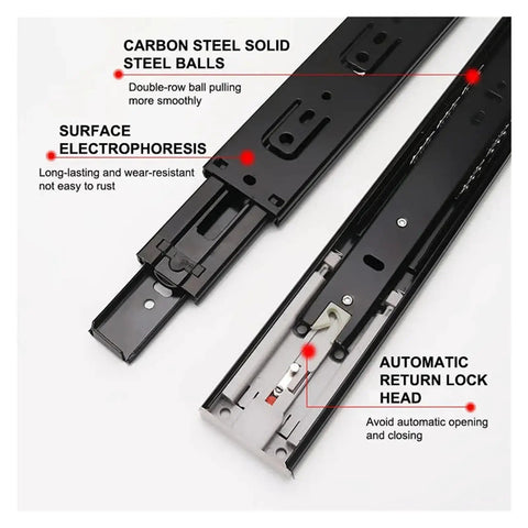 Heavy Duty 45Mm Push To Open Drawer Slides Dead Silent three section cabinet glides showing carbon steel rails and lock head.
