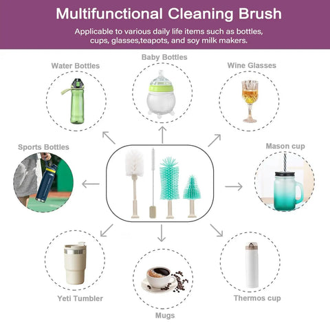 Diagram of 5 In 1 Electric Bottle Brush Cleaner with attachments for cups, sports bottles, and mason jars.