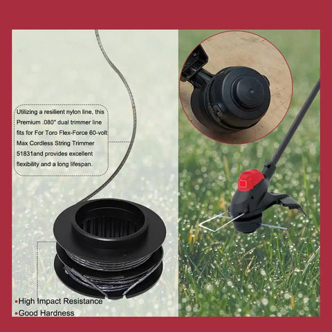 0.080-Inch 30-Foot Spooled Trimmer Line Heavy-Duty Replacement For Toro 60V FlexForce 13-Inch And 15-Inch Electric Brushless Trimmers 51831 51831T 51881 Trimmer Head displayed with lawn background