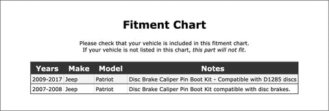 Fitment chart for Jeep Patriot Front Disc Brake Caliper Pin Kit 2007 2017 OEM Grade Replacement High Quality Front Caliper Pins Set