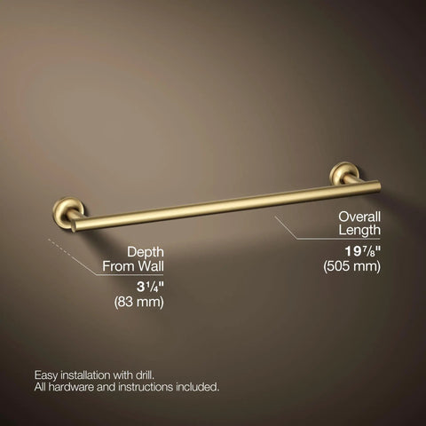 Purist 18-Inch Towel Bar In Vibrant Brushed Moderne Brass Dope Finish with dimensions and installation details displayed