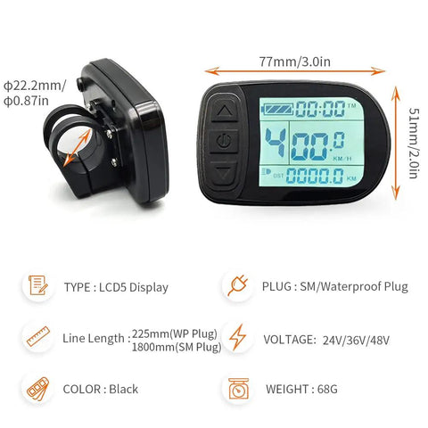 Smart LCD Display Meter KT LCD5 For Electric Bikes 24V To 52V, waterproof, side and front view with dimensions and details shown.