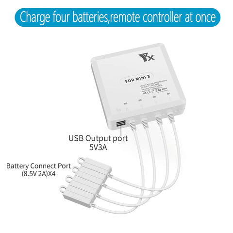 6 In 1 Rapid Multi Charging Hub For DJI Mini 4 Pro And Mini 3 Series Drones with ports for 4 batteries and 2 USB devices.