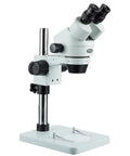 90X Zoom Binocular Stereo Microscope With Table Pillar Stand Sharp Widefield Optics 3.5X-90X Magnification Long Working Distance Durable All Metal Build Ideal For Lab School And Precision Inspection, front view with pillar stand