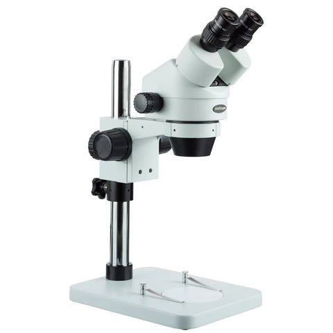 90X Zoom Binocular Stereo Microscope With Table Pillar Stand Sharp Widefield Optics 3.5X-90X Magnification Long Working Distance Durable All Metal Build Ideal For Lab School And Precision Inspection, front view with pillar stand