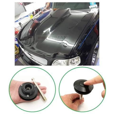 2 Pack Quick Release Hood Pin Kit Universal Fit 2.44 Inch Diameter Aluminum Alloy And Stainless Steel Latch Push Button Lock Clips For Auto Cars Black Pro installed on black car hood