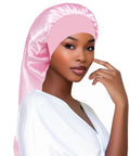 Satin Sleep Cap For Long Hair And Braids, Extra Large Soft Silk Sleep Hat For Women, Comfortable All Night Fit in pink on model
