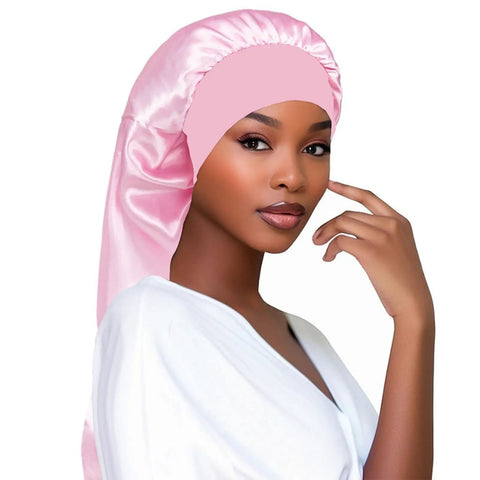 Satin Sleep Cap For Long Hair And Braids, Extra Large Soft Silk Sleep Hat For Women, Comfortable All Night Fit in pink on model