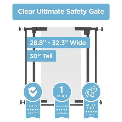 Adjustable Clear Acrylic Baby Gate For Stairs 28.8 To 32.3 Inches Wide, 30 Inches High, with warranty and ASTM approval features