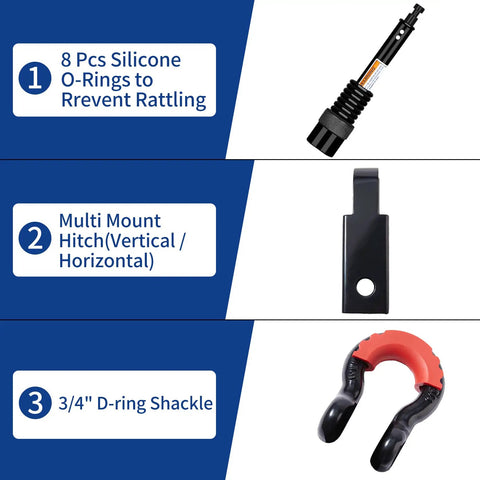 Diagram showing Shackle Hitch Receiver Two Inch With Three Quarter Inch D Ring Shackle And Five Eighth Inch Trailer Hitch Pin Lock 45000 Lbs Break Strength Heavy Duty Receiver Kit components