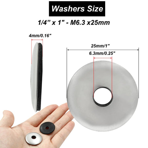 60-piece stainless steel neoprene-bonded sealing washers, 1/4 in inner diameter x 1 in outer diameter (6.3 mm x 25 mm).