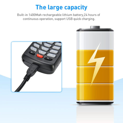 No Frills Wireless Barcode Scanner For Inventory Management showing USB charging and battery capacity.