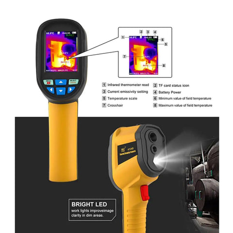 Portable Handheld Infrared Thermal Imager With Laser Pointer, 160 By 120 IR Resolution, front view with screen display