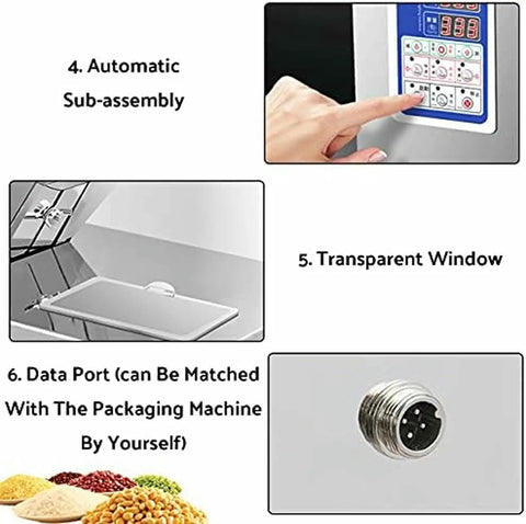 Game Changer Stainless Steel Automatic Powder Filling Machine For Seeds And Grains Compact Countertop Weighing Dispenser With Quiet Multi Point Vibration 50 Gram Capacity control panel and transparent window.