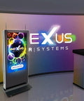 Kick Up Your Digital Vibes With This Dual Side Interactive Touch Screen Kiosk Packed With Smooth Android 14 Signage Features wireless display next to backdrop.