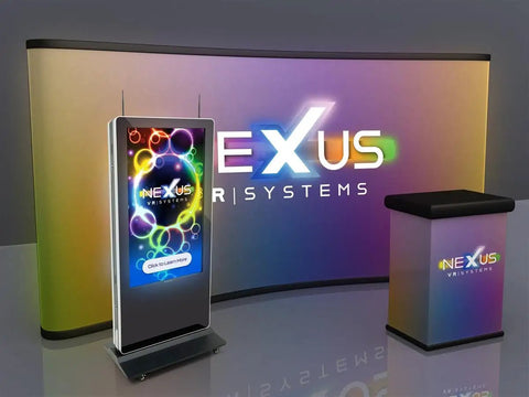 Kick Up Your Digital Vibes With This Dual Side Interactive Touch Screen Kiosk Packed With Smooth Android 14 Signage Features wireless display next to backdrop.