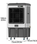 Dead Quiet Portable Swamp Cooler With Massive 180 Liter Tank And Three Adjustable Fan Speeds Evaporative Air Conditioner standing 160cm tall with wheels.