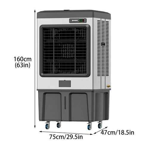 Dead Quiet Portable Swamp Cooler With Massive 180 Liter Tank And Three Adjustable Fan Speeds Evaporative Air Conditioner standing 160cm tall with wheels.
