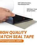 Waterproof Patch And Seal Tape 4 Inch By 13 Foot with layers of butyl rubber and self-adhesive peel release film shown in hand