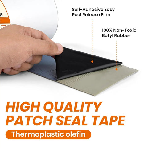 Waterproof Patch And Seal Tape 4 Inch By 13 Foot with layers of butyl rubber and self-adhesive peel release film shown in hand