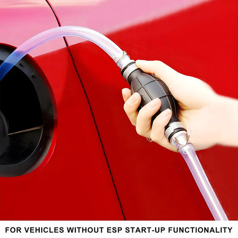 Top Shelf Manual Fuel Transfer Pump With Thick Rubber Bulb And Metal Body shifts fluids into a red vehicle fuel tank.