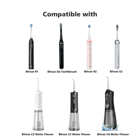 Water Flosser and Electric Toothbrush Charger Kit for Bitvae C2 C5 C6 and D2 S2 R1 R2, 5V 2A Wall Adapter With USB DC Cable, Travel Friendly USB Charging Cord for Home and On The Go display showing compatible toothbrush and flosser models.