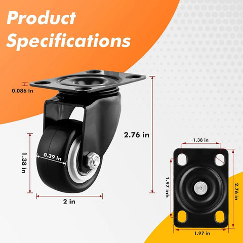 Tough As Nails Heavy Duty Swivel Casters Set Of 16 With Dead Silent Pu Wheels 2 inch wheel with threaded plate mount specifications.