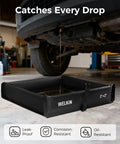 Spill Containment Berm Folding Duck Pond for Oil Changes and Under Drip Protection in use under car, black 2 by 2 feet.