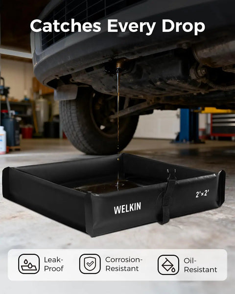 Spill Containment Berm Folding Duck Pond for Oil Changes and Under Drip Protection in use under car, black 2 by 2 feet.