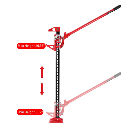 High Lift Recovery Jack 33 Inch 3.5 Ton Heavy Duty Off Road Farm Lifting Equipment with adjustable height range diagram.