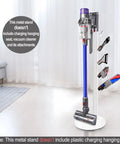 Freestanding Vacuum Dock Stand For Dyson V Series Cordless Cleaners with vacuum and attachments displayed on white stand