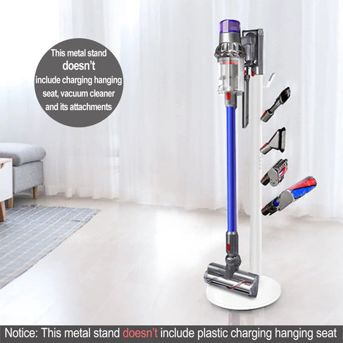 Freestanding Vacuum Dock Stand For Dyson V Series Cordless Cleaners with vacuum and attachments displayed on white stand