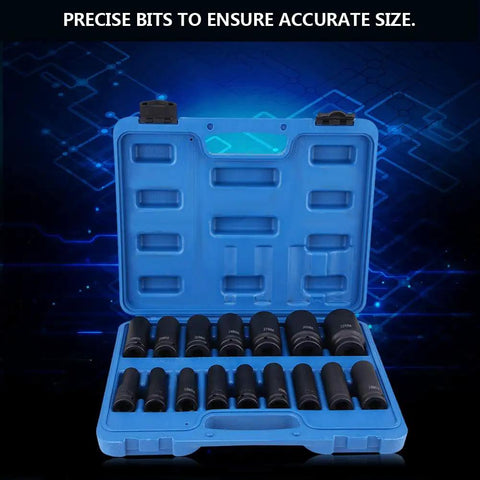 Heavy Duty 16 Piece 1/2 Inch Drive Hex Bit Socket Set Range From 10mm To 32mm, Premium CrMo Steel Heat Treated Air Impact Repair Tool Kit For Auto Maintenance And Hard Hitting Jobs. Open blue case with assorted hex bit sockets