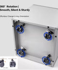 Set Of 4 Dead Silent Caster Wheels With Auto Locking Stem And 360 Swivel Top Plate For Furniture Tables And Toolboxes No Sweat Install Supports 440 Lbs And Rolls Like Butter Across Any Floor on a box showcasing rotation.