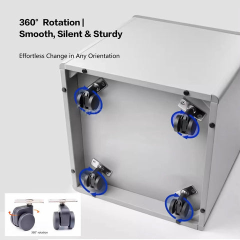 Set Of 4 Dead Silent Caster Wheels With Auto Locking Stem And 360 Swivel Top Plate For Furniture Tables And Toolboxes No Sweat Install Supports 440 Lbs And Rolls Like Butter Across Any Floor on a box showcasing rotation.
