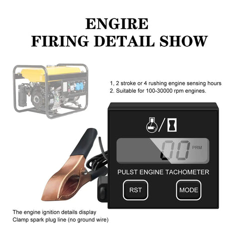 Inductive Digital Tachometer for Engines With Sleep Mode RPM Gauge display and clip-on spark plug wire for RPM reading.