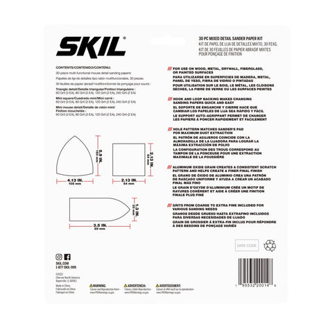 Back of 30 Piece Mixed Sandpaper Kit With 60, 80, 120, 240 Grits For Wood Metal Drywall Fiberglass And Painted Surfaces showing dimensions