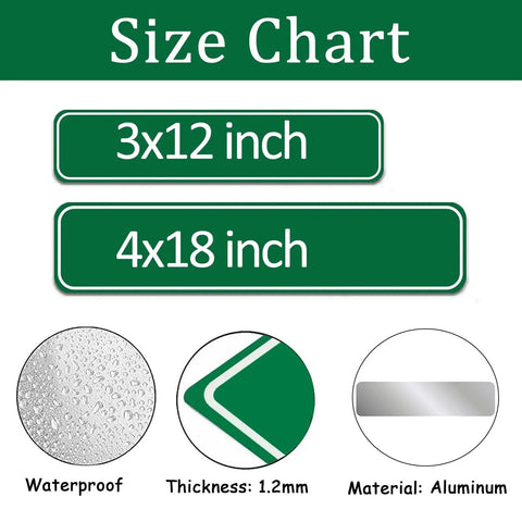 Size chart showing Custom 3x12 Inch Metal Sign and 4x18 Inch options, with waterproof, 1.2mm thick aluminum material details.