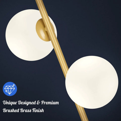 Frosted Glass Globe Floor Lamp With Contemporary LED Lighting In Antique Brass Finish showing dual light globes on pole