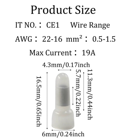 Pro Grade CE1 Closed End Crimp Connectors Kit For 22 16 AWG Nylon Insulated Wire Ends product size diagram