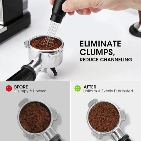 Using Magnetic Espresso WDT Tool For Even Extraction 10 Needle Stirrer Puck Tool to achieve even coffee ground distribution.