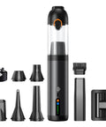 Super Handy 4 In 1 Cordless Car Vacuum With 18000Pa Suction And Brushless Motor Air Duster Function shown with multiple nozzles and USB-C cable.