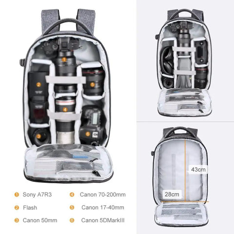 Beast Pro Camera Backpack with large capacity for two bodies, four lenses, tripod and laptop, open view with equipment organized