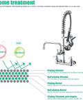 Robust Wall Mount Kitchen Sink Faucet With A Slick Polished Chrome Surface And High Pressure Pre Rinse Sprayer, showing chrome treatment details.