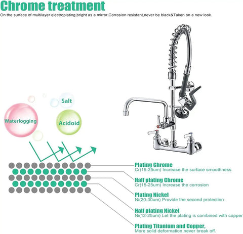 Robust Wall Mount Kitchen Sink Faucet With A Slick Polished Chrome Surface And High Pressure Pre Rinse Sprayer, showing chrome treatment details.