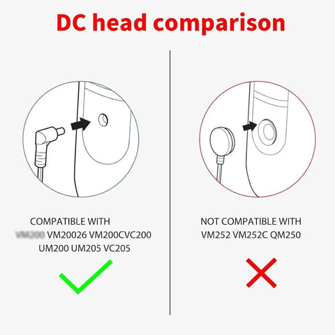 DC head comparison showing Beast Replacement Charger For VACMOP Pro compatibility and non-compatibility with listed models.