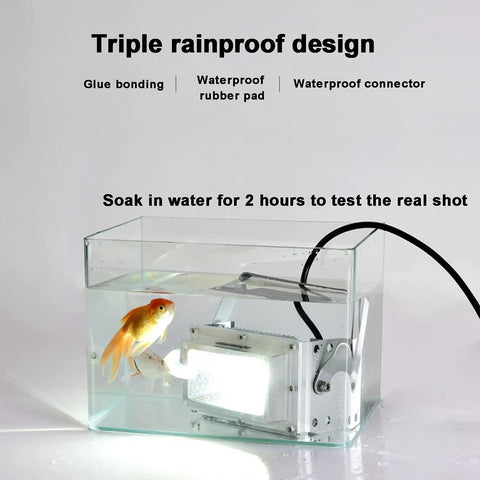 Rock Solid 200W Led Flood Light With Adjustable 180 Degree Head And Warm White Glow in water test with goldfish.